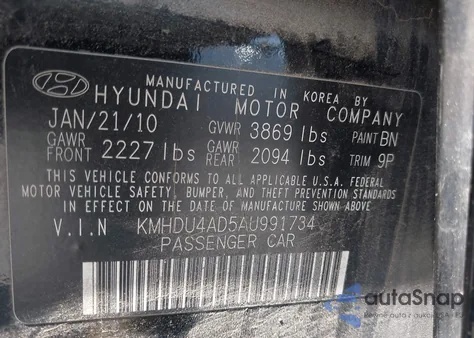 2010 Hyundai Elantra Se z USA, uszkodzony, nr VIN KMHDU4AD5AU991734